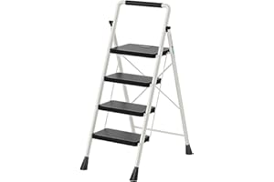 4 Step Ladder, RIKADE Folding Step Stool, Step Stool with Wide Anti-Slip Pedal, Lightweight, Portable Folding Step Ladder with Handgrip, Multi-use Steel Ladder for Household and Office