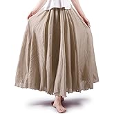OCHENTA Women's Long Flowy Maxi Skirt Cotton Linen Boho A-Line Skirts for Ren Faire, Cottagecore & Beach (S-L & Girl)