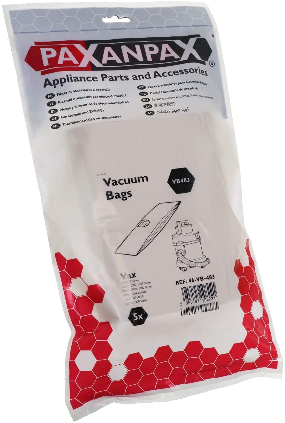 Paxanpax VB483 Compatible Paper Bags Vax 101-223, 2000, 4000, 5000, 6000, 7000, 8000, 9000, Sukka, V100, VO-4000, V1050-1200 Pack of 5
