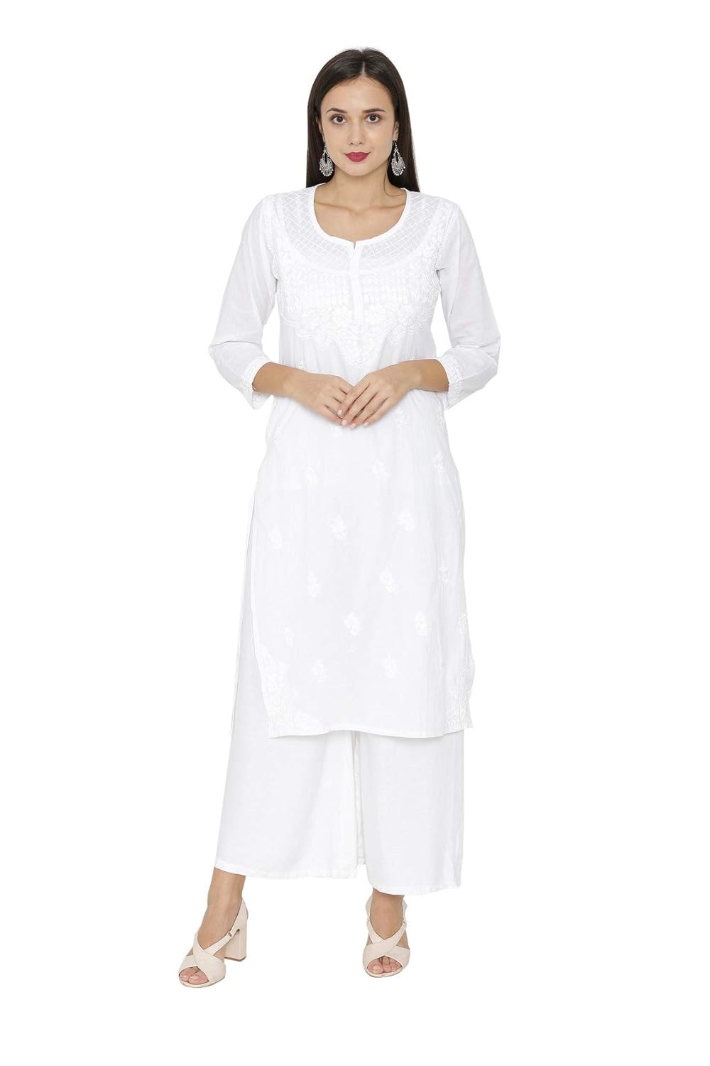ada hand embroidered lucknow chikan womens cotton kurti kurta (a342031_white)