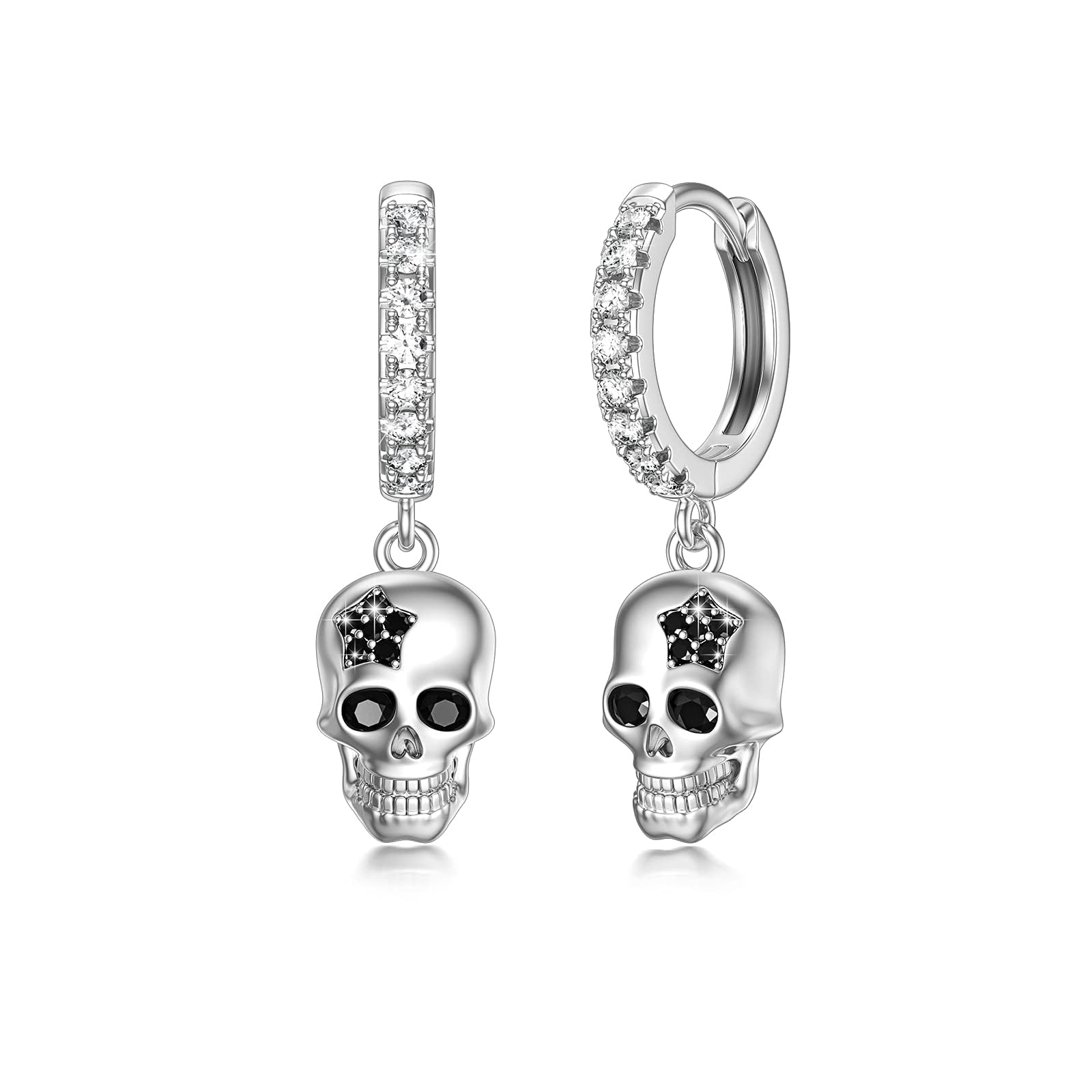 OHAYOO Skull Huggie Hoop Earrings - Silver 925 with Zirconia - Goth & Halloween Jewellery Gifts for Men & Women