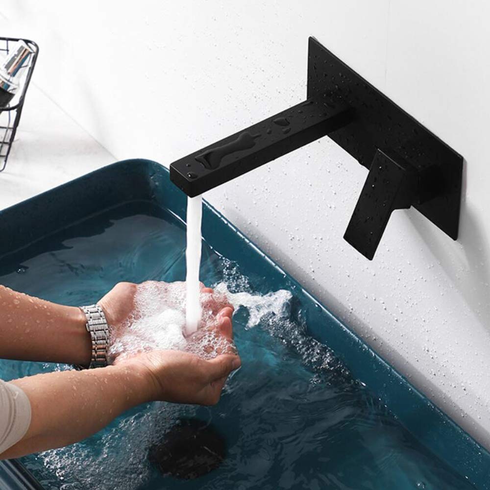 Black Waterfall Bath Filler Tap with Extra Large Spout - 2 Hole Wall Mounted Bath Mixer Tap