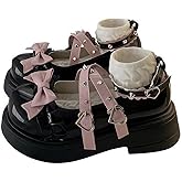 Women Lolita Shoes Heel Mary Jane Lace Pumps with Bow Kawaii Cute Cosplay Wedge Boots Cross Strap Block Heel Sweet Style