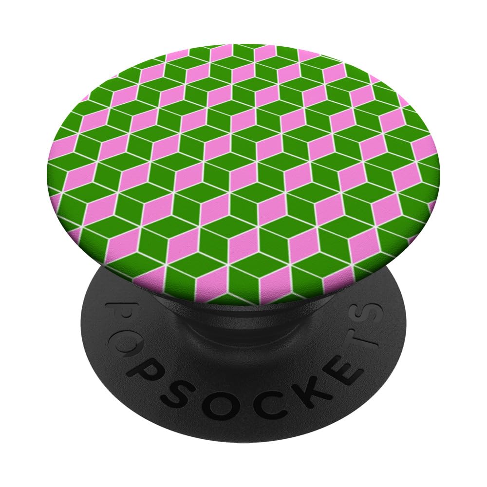 Retro 1990's geometric illusion geometry cube art pink green PopSockets Swappable PopGrip