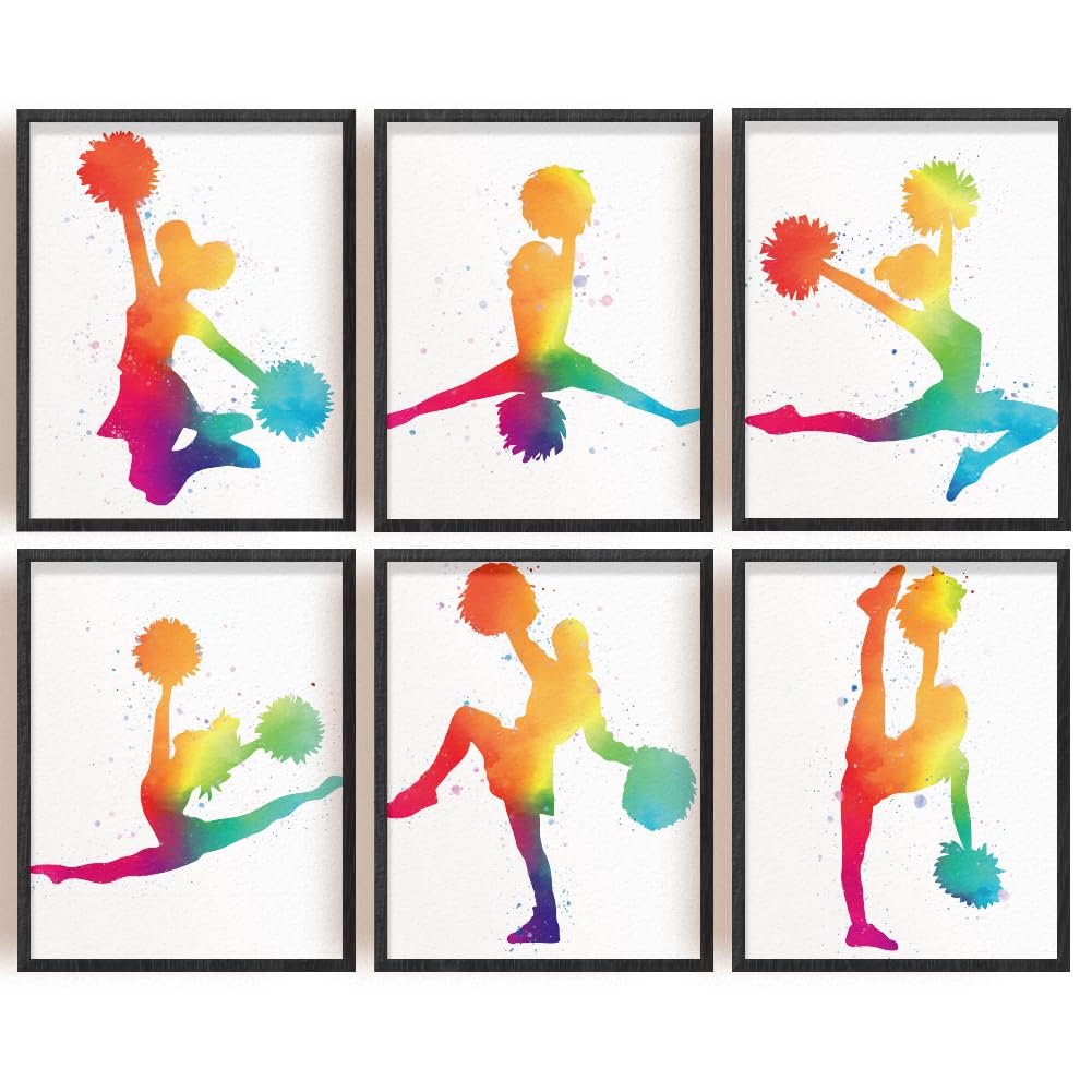 INFUNLY Set of 6 CheerLeader Abstract Wall Art Print Gymnastics Girl Posters Print 8x10inch UNFRAMED Aesthetic Gradient Ink Canvas Painting Pictures for Team Gift Cheer Team Fan Club Bedroom Decor