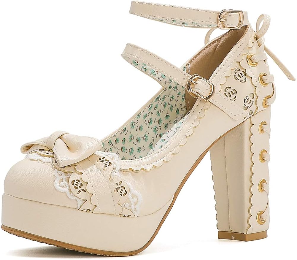 Clothing, Shoes & Accessories Lolita Womens Bowknot Ankle Strap Block Heels Mary Janes Cosplay 