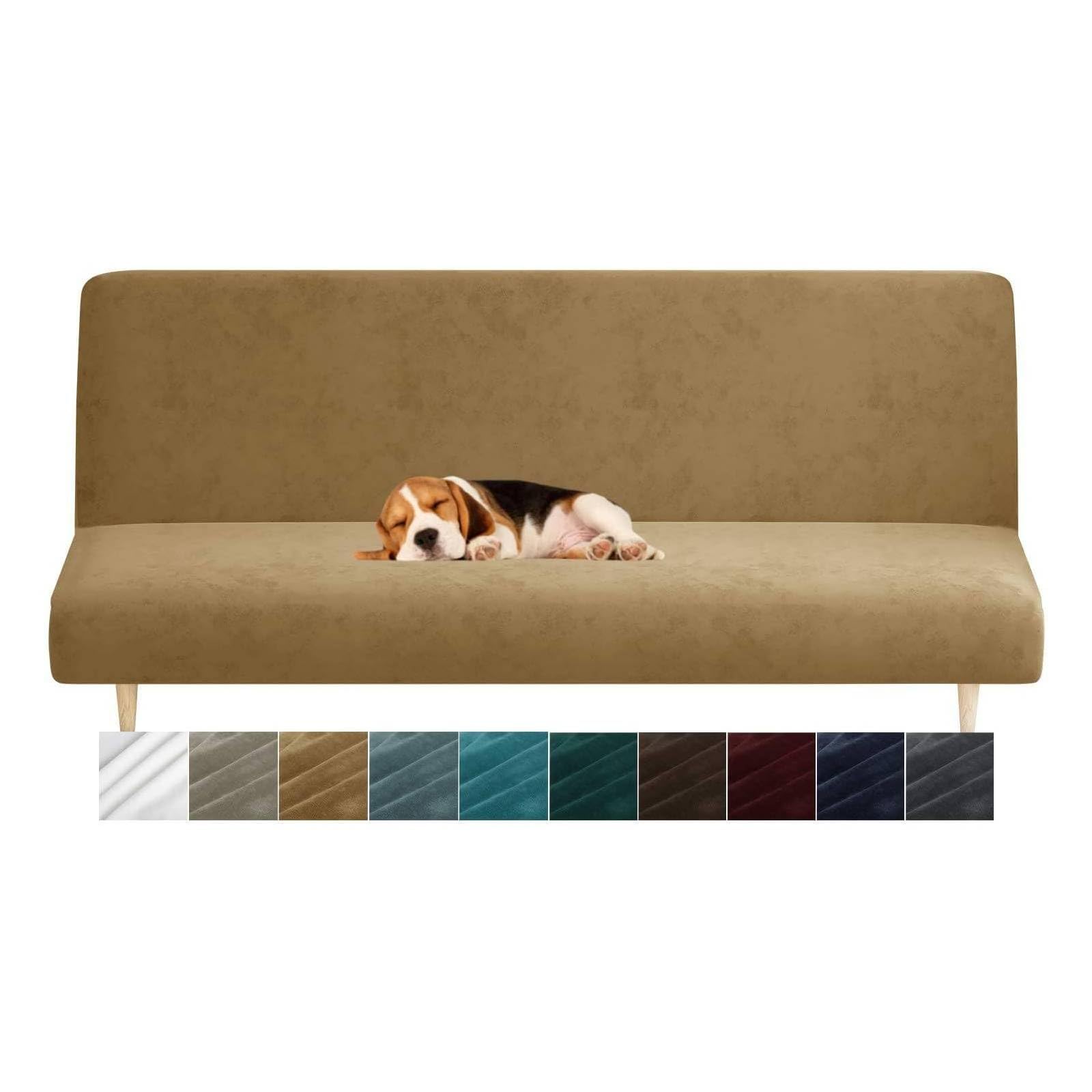 CHELZEN Velvet Futon Cover High Stretch Armless Couch Covers Spandex Fabric Sofa Bed Slipcover Anti Slip Furniture Protector (Futon, Camel)