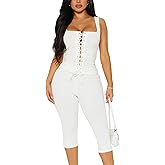 Qusuny Two Piece Sets for Women Summer Workout Set Sleeveless Sexy Tie Down Tank Top Bodycon Capri Pants Sets Club Outfits