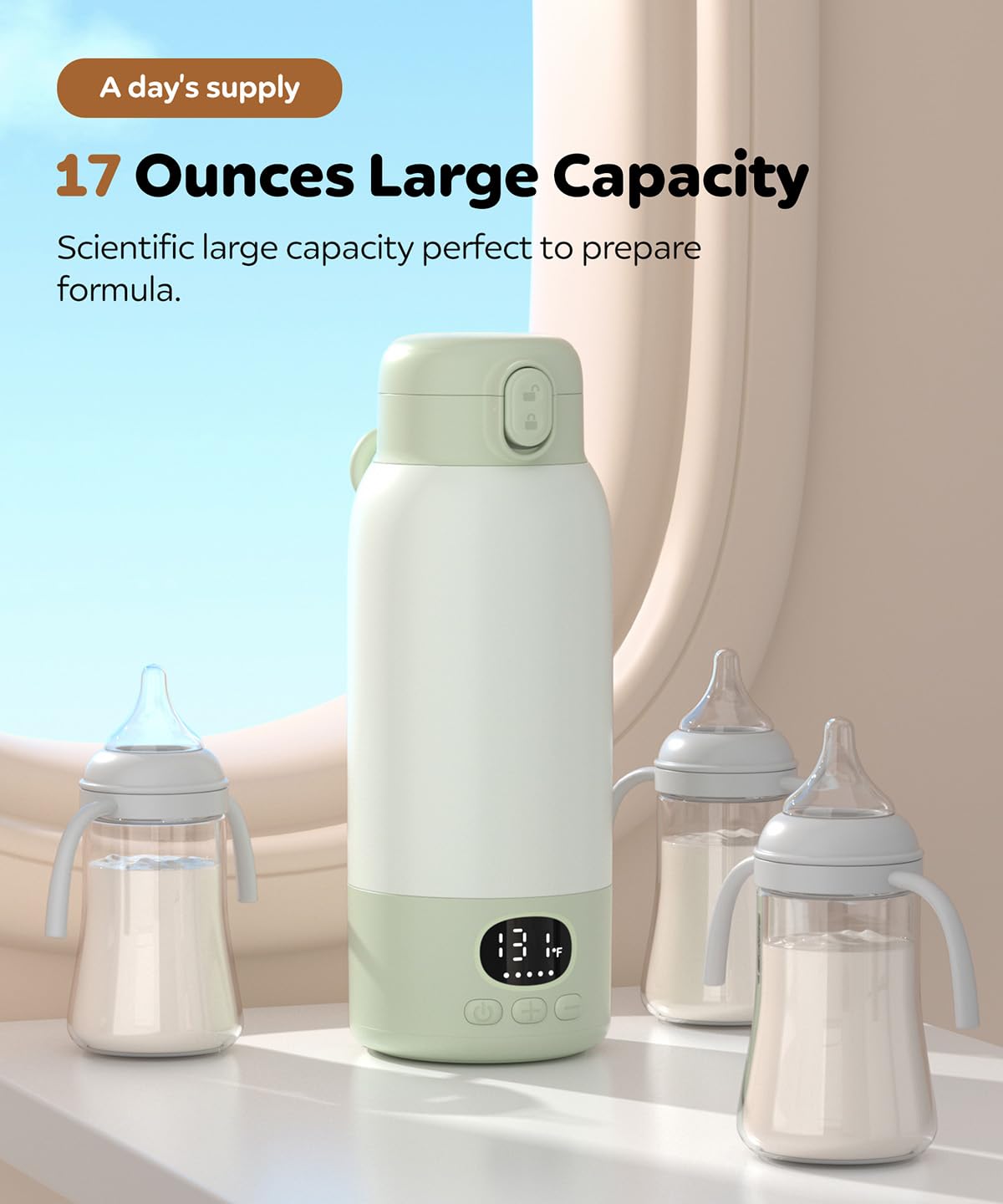 Portable Bottle Warmer 17oz Bottle Warmer for Breast Milk Formula & Water, Fast Heating, Long Battery Life & Large Capacity, Suitable for Baby Outdoor Travel Green