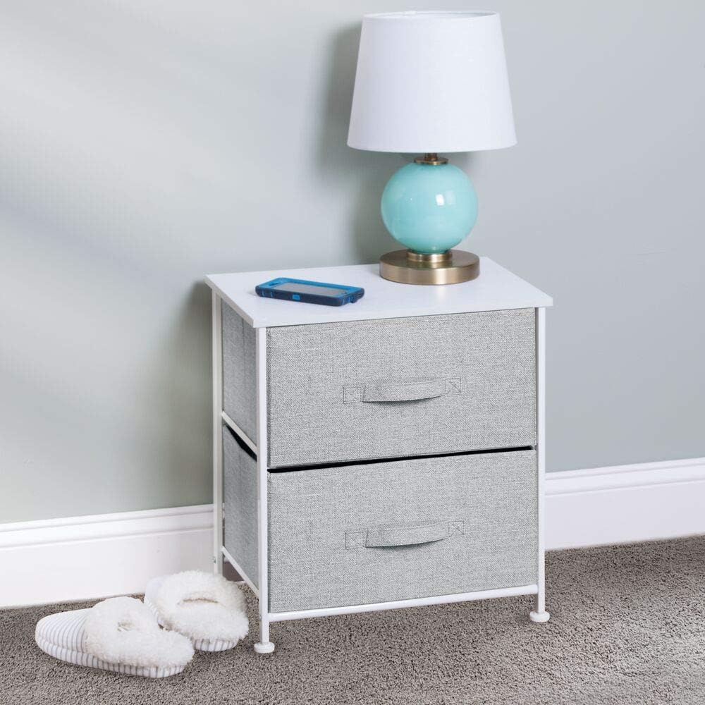mDesign Night Stand/End Table Storage Tower - Sturdy Steel Frame, Wood Top, Easy Pull Fabric Bins - Organizer Unit for Bedroom, Hallway, Entryway, Closets - Textured Print - 2 Drawers - Gray/White -