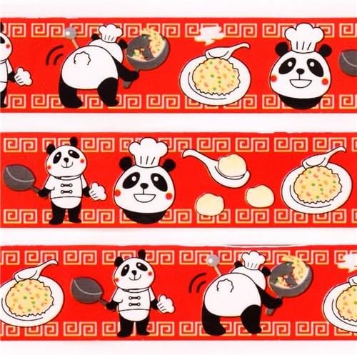 red Medium-Size Decorative Adhesive Tape with Pandas as Cooks, Rice, Dumplings & pan