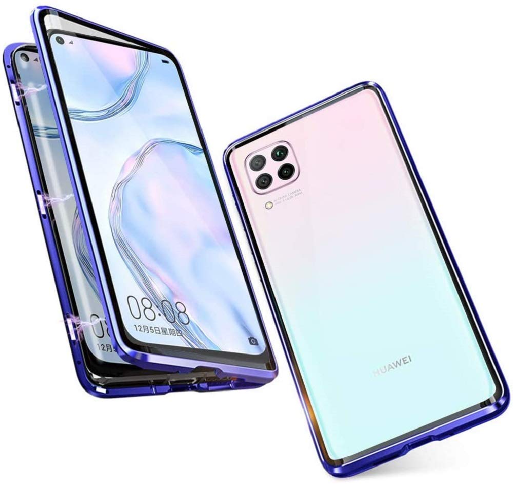 SIMao Case for Huawei P40 Lite Cover,[Magnetic Adsorption][Metal Frame + Front and Back Tempered Glass Transparent] Flip Cover Ultra Thin Full Body Screen 360 Degrees Coverage Litetective Case,Blue