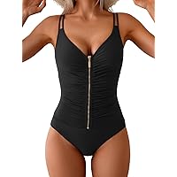 Women's One Piece Swimsuit – Tummy Control, Ruched, Shell Stitch Design With Tie Back