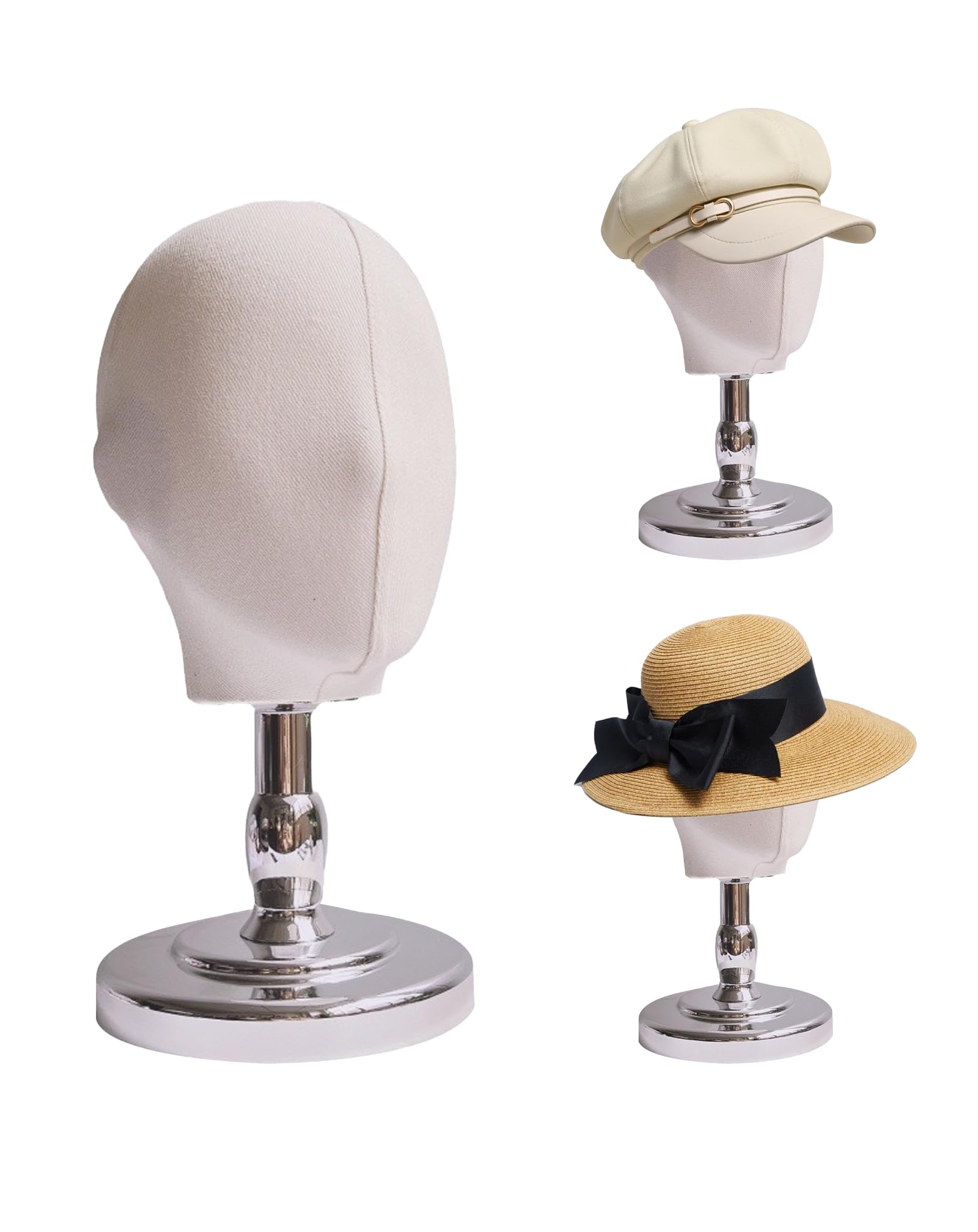 TINGSING Mannequin Head Wig Head Stand, Hat Display Stand Wig Holder, Realistic Face Model Head Hat Rack,Coarse Twill Fabric Manikin Head Wig Stand with Detachable Base for Styling and Display, Sliver