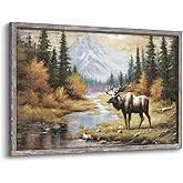 Moose Framed Wall Art Painting: Rustic Wildlife Prints Large Woodland Wild Animal Picture Elk Deer Artowrk for Bedroom Farmhouse Cabin Decor