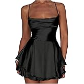 SweatyRocks Women's Satin Mini Dress Backless Crisscross Square Neck Ruffled Flowy Cocktail Party Dress