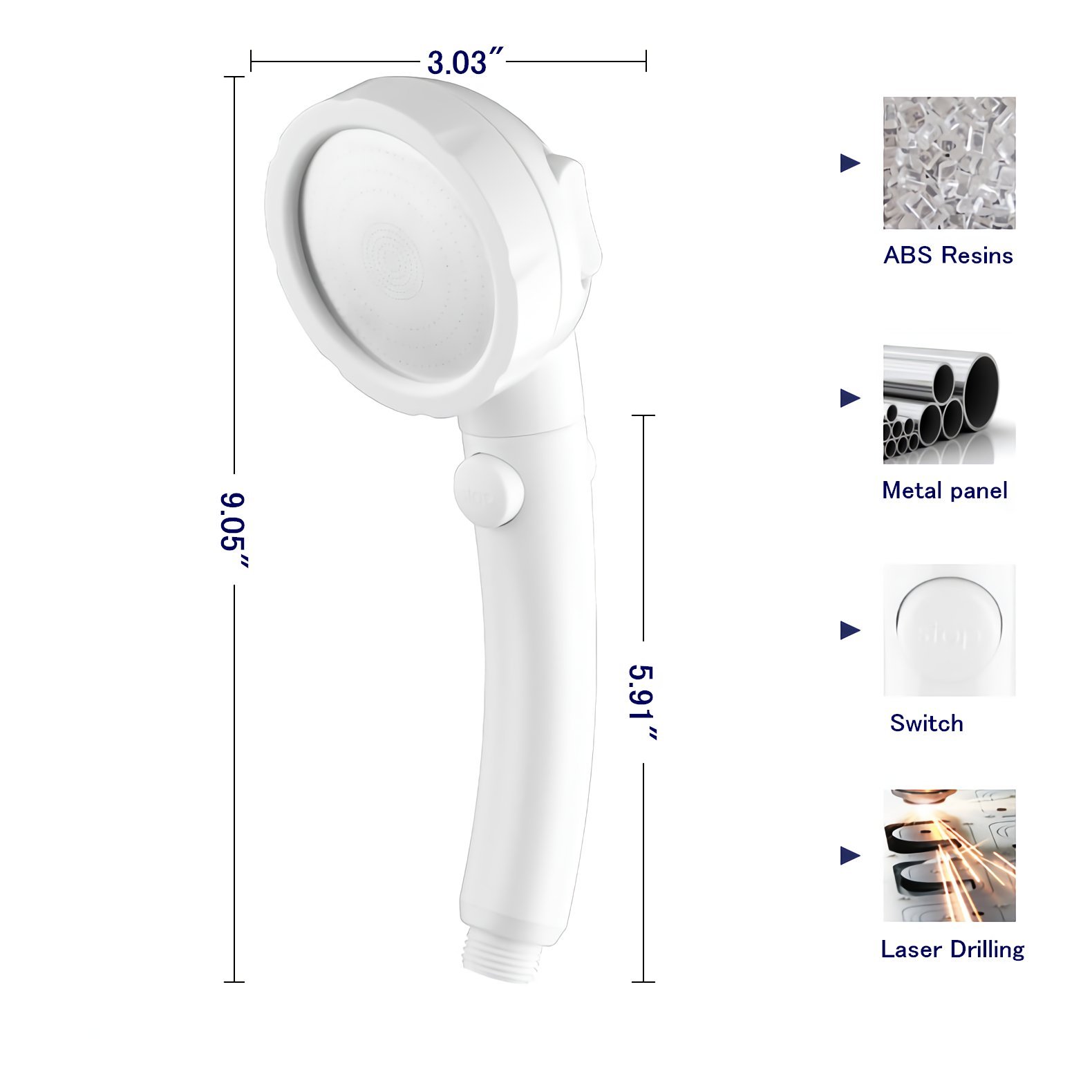 BELZN High Pressure Shower Head - Water Saving Handheld Showerhead - 3 Spray Model Shower Rain Head with 1 key to Stop/Spouting flow