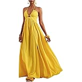 SOLY HUX Women's Summer Halter Maxi Dress Sleeveless V Neck Split A Line Flowy Long Dresses Vacation Sundress