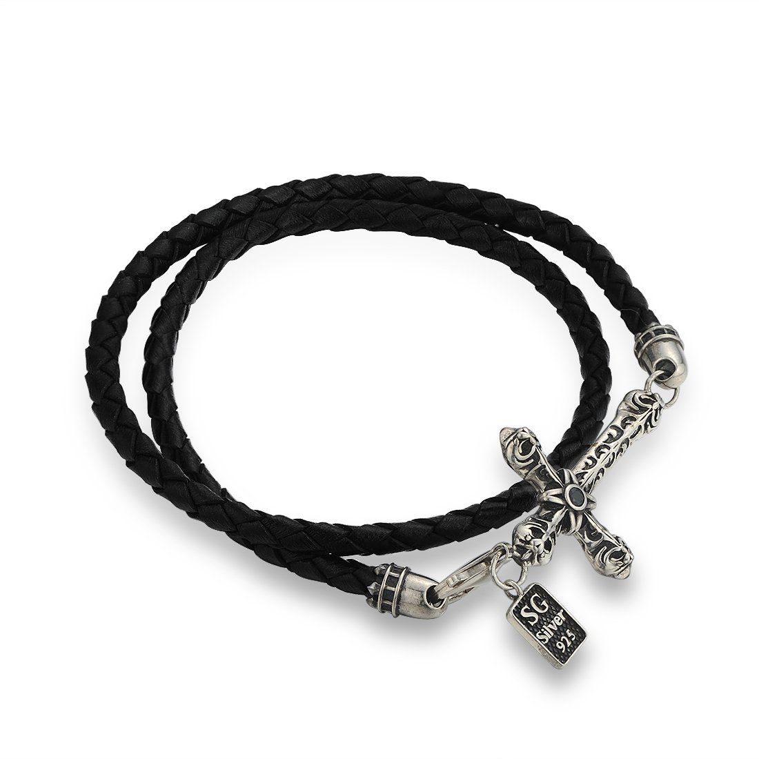 Santuzza Vintage Style Sideways Cross Leather Braided Bracelet Bangle for Women Men Sterling Silver Genuine Leather Braided Double Strap