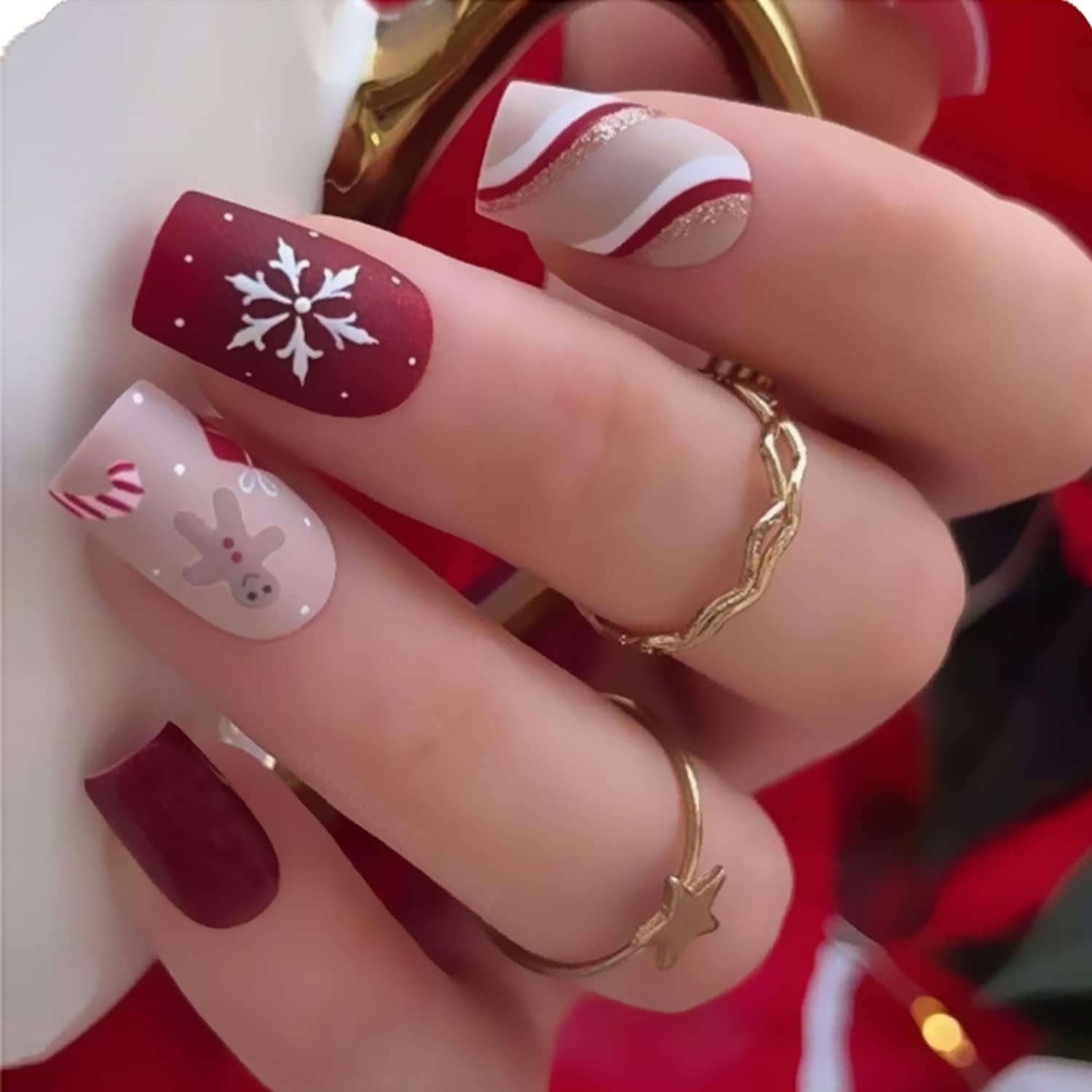 Christmas Press on Nails Short Red Square Fake Nails Winter Snowflake Acrylic False Nails with Design Swirl Matte Full Cover Artificial Glue on Nails Winter Nail Decorations for Women Girls
