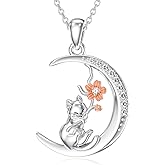 LWXIE Diamond Cat Necklace for Women 925 Sterling Silver Cat and Flower Pendant Necklace Cute Animal Jewelry Gifts for Mom Wife Girlfriend