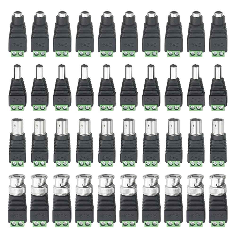 WMYCONGCONG 20 PCS 2.1x5.5mm Male Female DC Power Adapter Connector + 20 PCS Camera Video BNC Male Female Balun Connector for Coax Cat5 CCTV Security Camera