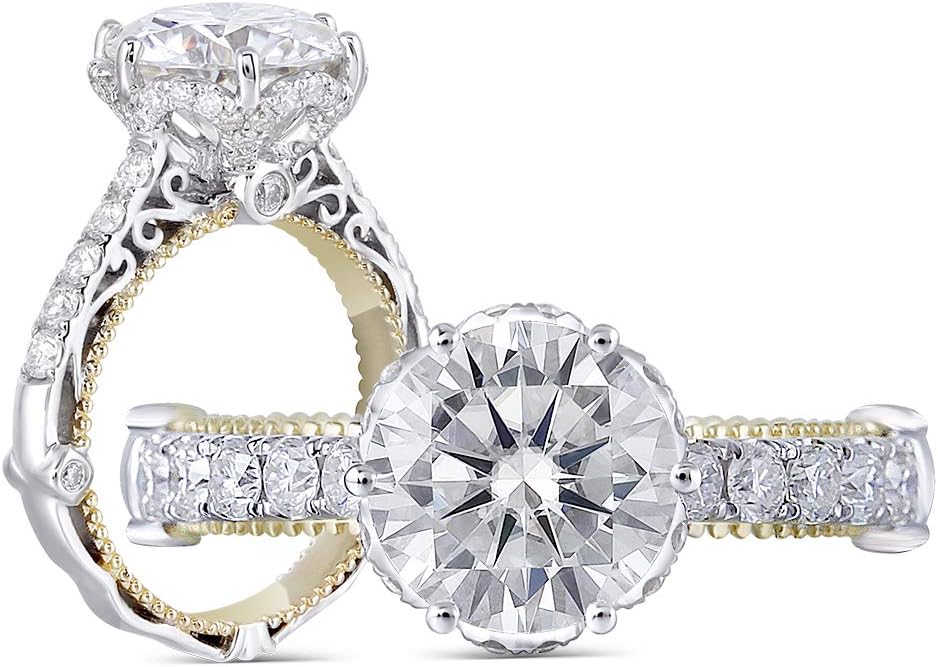 Solid 14k White Gold Yellow Gold 1.5ct Center 7.5mm G-H-I Color Cut Vintage Moissanite Engagement Ring Solitare with Accents Band Width 3.4mm