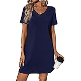 Ekouaer Cotton Nightgowns for Women Short Sleeve Sleep Shirts V Neck Sleepwear Navy Blue