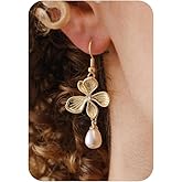 Plenky Pearl Earrings-14K Gold Plated Dainty Pearl Drop Simple Wedding CZ Dangle Dangling Cute Stud Earrings for Brides Earrings for Women Gifts