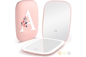 MOPIS Personalized Gifts for Women Girls, Rechargeable Travel Mirror with 3 Color Lights and Auto-Off Feature, 1X/3X Mini Led Compact Makeup Mirror for Purse, Stocking Stuffers for Girls Women-Letter A
