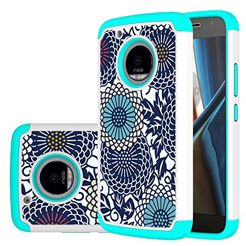 Moto G5 Plus Case, Moto G Plus(2017) Case,Suensan Dual Layer Armor Defender Protective Shock Absorbing with Hybrid Soft silicone and Hard PC Design Cover for Moto G Plus (5th Generation)(Mint flowers)