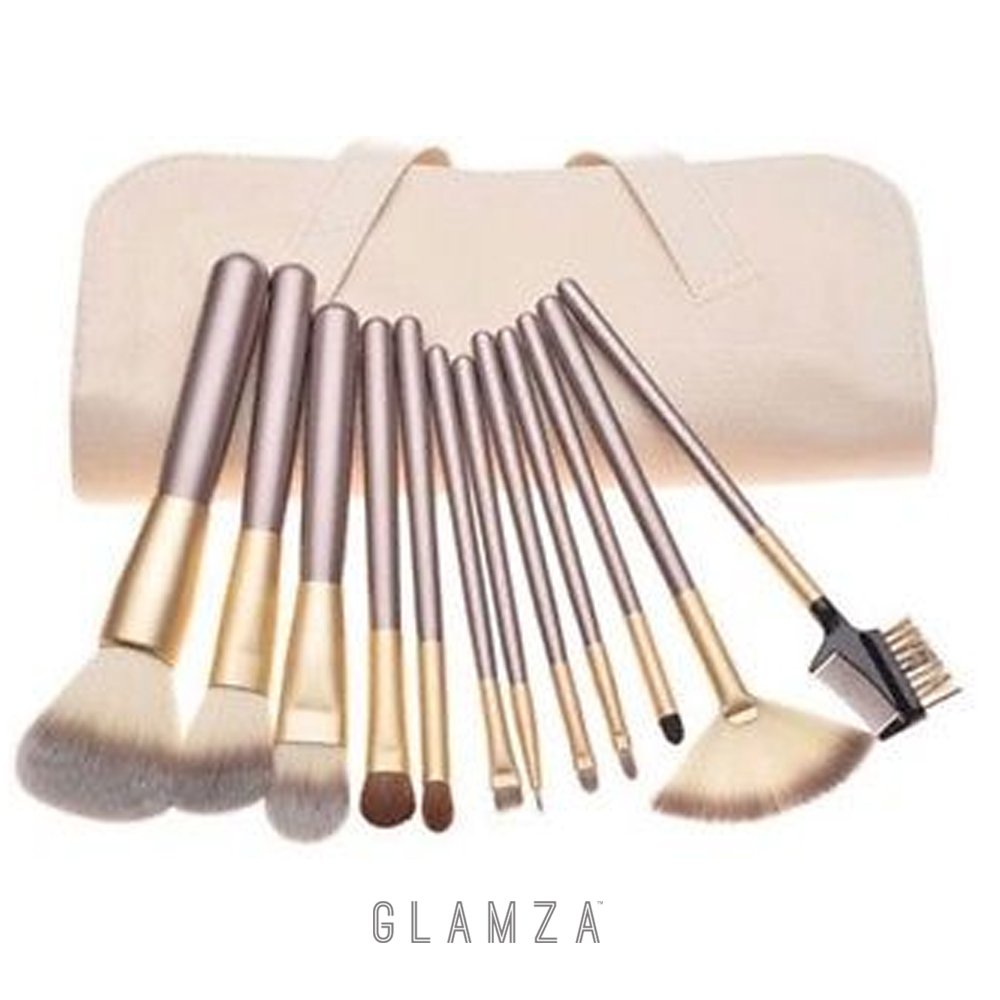 Glamza Pro 12pc Champagne Face Eye Brow Lip Contour MakeUp Brushes Set In White Pouch