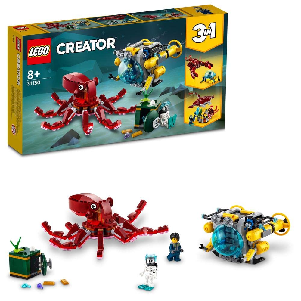 LEGO 31130 Creator 3 in 1 Sunken Treasure Mission Choice of 3 Giant See Animals in 1 Set, Including Octopus, Lobster, Manta Ray, 2 Minifigures Including a Skeleton Minifigure, 522 Pieces 8+