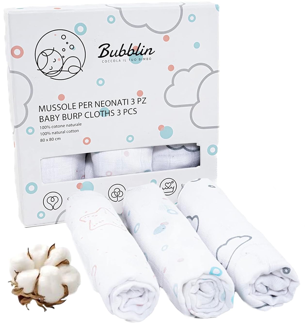 Bubblin, Set of 3 Muslin Baby, 80 x 80 cm, Squared Baby Towels, Double Fabric, 100% Natural Cotton, OEKO-TEX Certified, Newborn Cover, Unisex, Soft and Soft, Baby Gift (Bubbles)