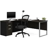 Bestar L-Shaped Desk with Drawers, Grey and Black, Pro-Concept Plus, 72W | With Drawers; with Table Desk, Return Table, Add-On Pedestal; 1 file drawer, 2 box drawers; for home office use