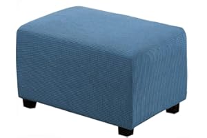 VIENLOVE Rectangle Ottoman Slipcover Polyester Blend Footstool Protector Covers Stretch with Elastic Bottom Feature Textured Machine Washable Jacquard Fabric (Stone Blue, X-Large Size)