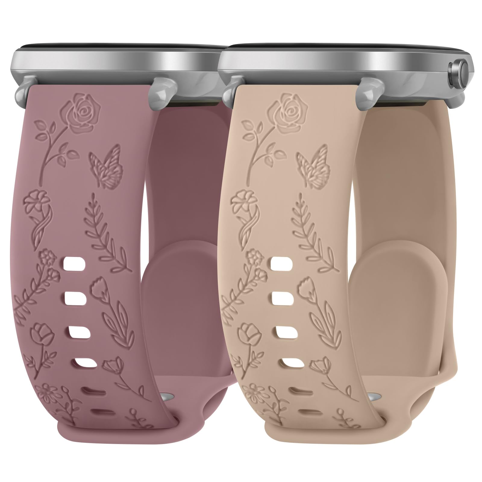 Rose Butterfly Engraved Strap Compatible with Garmin Vivoactive 5/3/3 Music/Venu/Venu 2 Plus/sq/sq 2/Forerunner 245/645/55 Silicone Strap Women, Soft Silicone Band for Garmin Vivomove HR(Pack I)