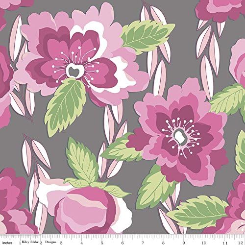 JERSEY Fabric - Grey Floral RBJ013 Dressmaking & Childrens Clothes Fabric - 95% Cotton 5% Elastane - Half Yard - Pink Green White Large Floral Blooms on Grey Background Soft Jersey Knit Fabric