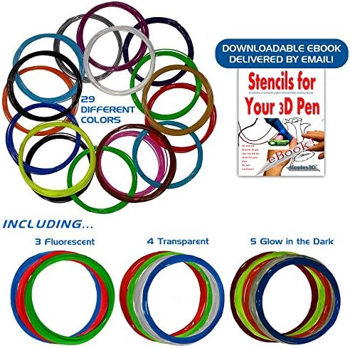 3D pen filament refills. 29 different colors ABS 1.75mm .(435 ft) Why settle for less! 5) Glow in the Dark colors 3) Fluorescent 4) Transparent,17) Radiant colors. Sample print surface- Stencil Ebook