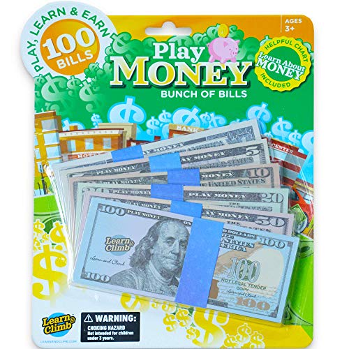 Learn & Climb Play Money Bills Set for Kids - 100 Bills $1, $5, $10, $20, $50, $100 Dollar Bills for Pretend Play, Counting and Math - Thumbnail 4