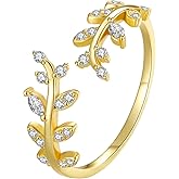 VOROCO Leaf 925 Sterling Silver Ring Adjustable Fashion Sparkling Cubic Zirconia Stackable Ring for Women Jewelry
