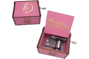 FnLy 18 Notes Wooden Engraved Anime Sailor Moon Theme Music Box,Antique Carved Hand Crank Small Musical Box Gift,Pink