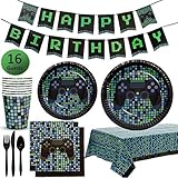 My Greca Video Game Party Supplies - Plates, Cups, Napkins, Happy Birthday Banner, Table Cover, Cutlery Set - Serves 16 - Fortnite Gamming Themed Birthday for Boys