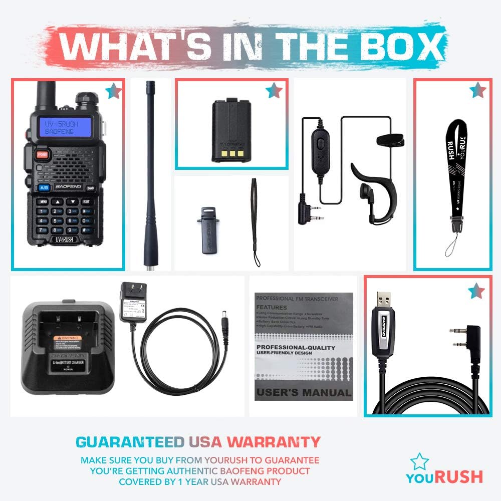 BAOFENG UV-5R 8W Two Way Radio - youRUSH UV-5RUSH Dual Band Radio with Extended BL-5 2800mAh Battery and USB Programming Cable Plus Lanyard - Chirp Support - Portable Ham Radio - Walkie Talkie: Car Electronics
