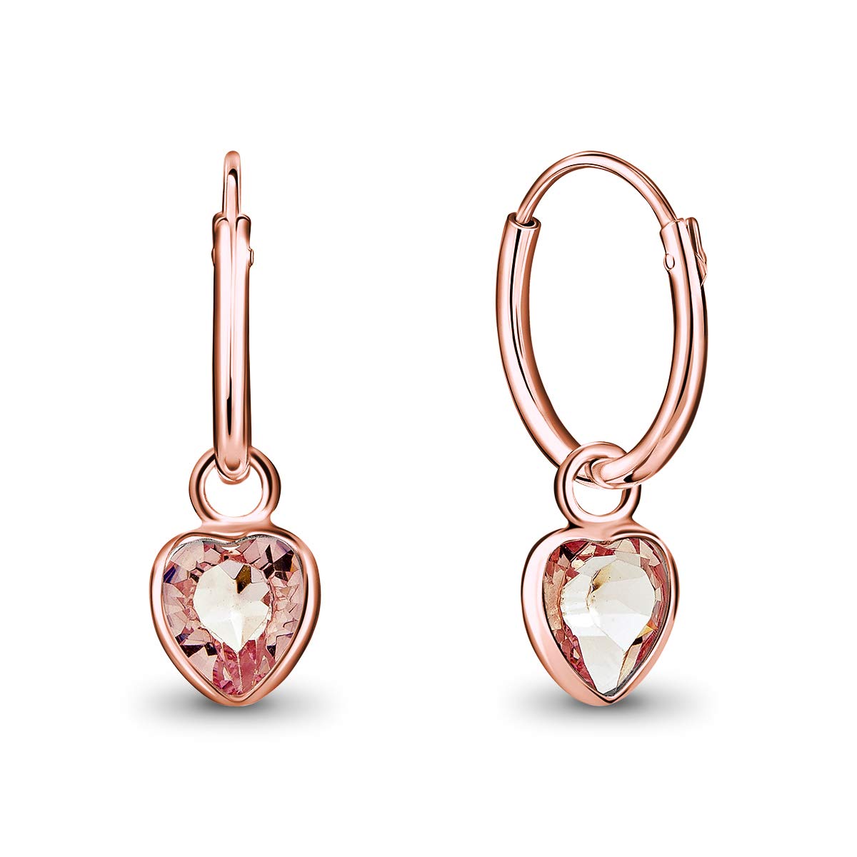 18K Rose Gold Plated Earrings with Dangling Heart - 925 Sterling Silver Hoop Earrings for Women Rose Gold Plated with Pink Crystals - Classic Elegant and Hypoallergenic for Sensitive Skins — image 1