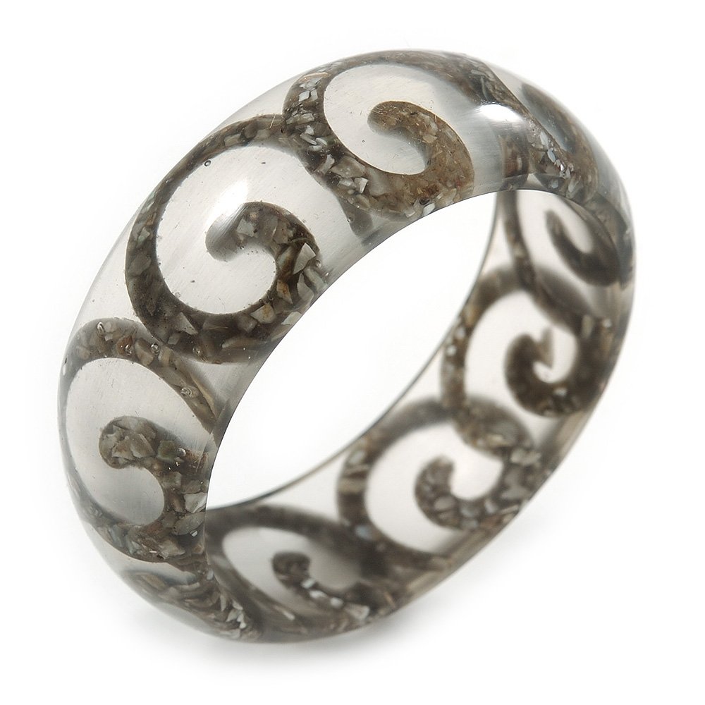 Avalaya Black Swirl Motif Acrylic Bangle Bracelet (Transparent) - Medium Size - up to 18cm L