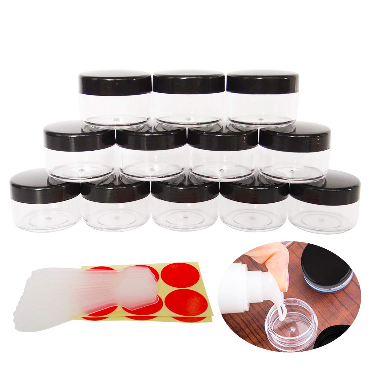 Wopanxye 12pack 15 Gram Small Clear Cosmetic Sample 15ml Empty Containers for Make-up Gifts, Eye-Shadow, Nails, Powder, Gems, Beads, Jewelry, Cream, 15g Pot Jars with Black Cap Lids, Free Spatulas