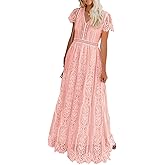MEROKEETY Women's 2026 V Neck Short Sleeve Floral Lace Wedding Dress A Line Boho Bridesmaid Cocktail Party Maxi Dress