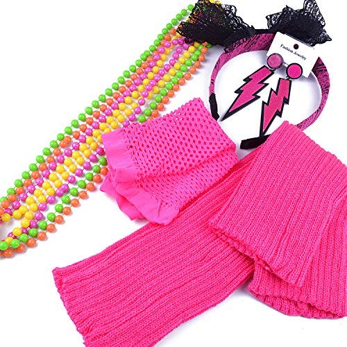 Lvcky 11Pcs Colorful Neon Bead Necklaces Lace Bow Headband Lightning Bolt Earrings Fingerless Fishnet Arm Warmers Leg Warmers Fancy 80s Party Costume Accessories Set - Thumbnail 3