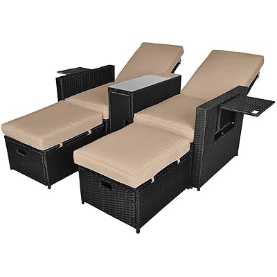 Buy Letgoshop 5pcs Outdoor Wicker Chaise Lounge Chair Rattan Adjustable Reclining Patio Lounge Chair With Ottoman And Coffee Table For Patio Beach Pool Backyard Black Wicker Khaki Cushion Online In Indonesia